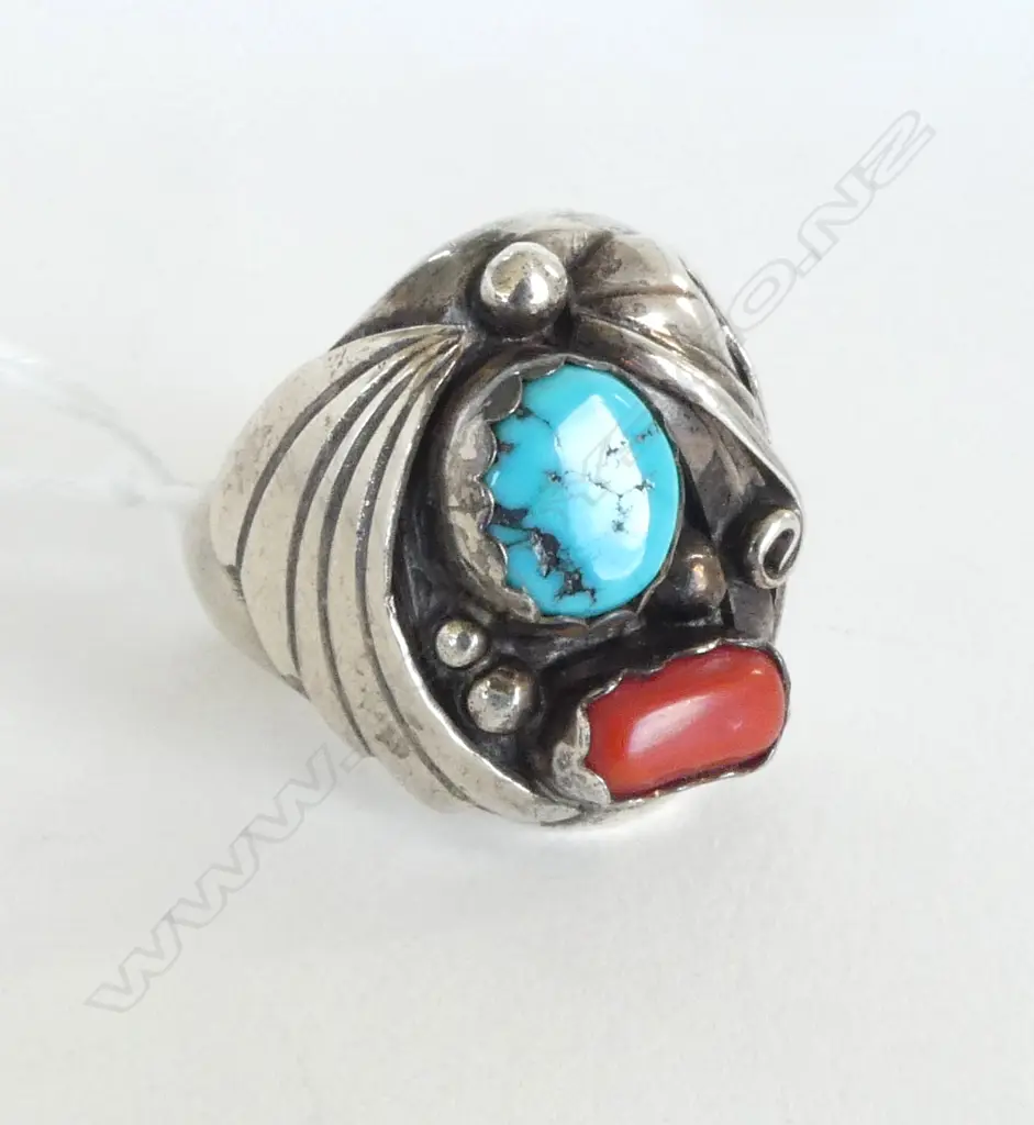 NAVAJO SILVER TURQUOISE & CORAL GENT'S RING, 22gm (CD13011) SIZE X Image 1++