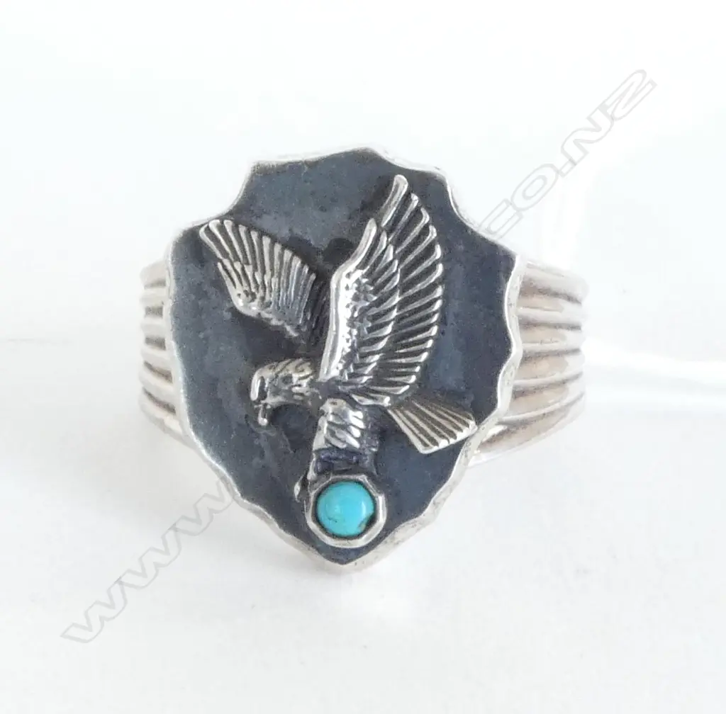 SILVER & TURQUOISE EAGLE RING (CD11798) SIZE X Image 1++