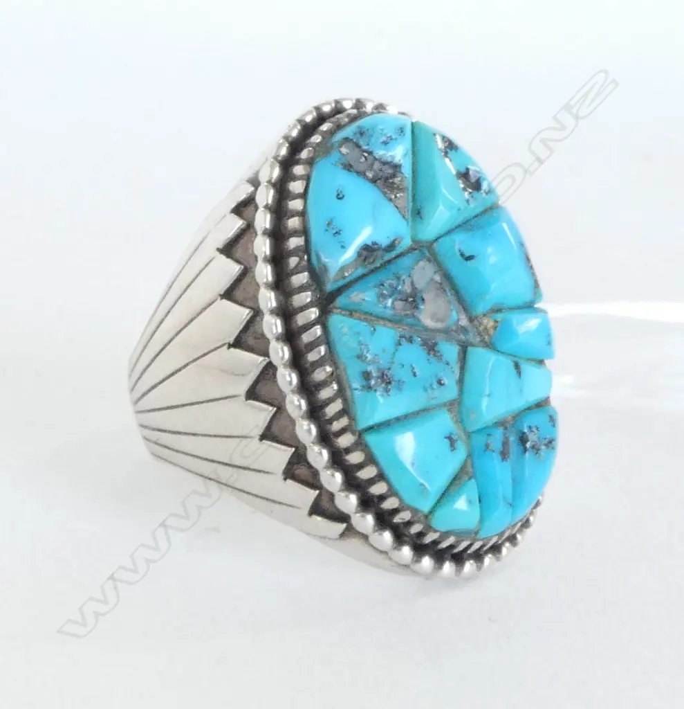 LG GENT'S SILVER & TURQUOISE NAVAJO RING, 32.5gm (CD11798) SIZE Y Image 1++