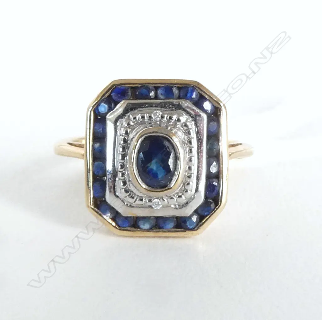 9ct SAPPHIRE SET DECO STYLE RING, (with 2 very small diamonds) SIZE  J Image 1++