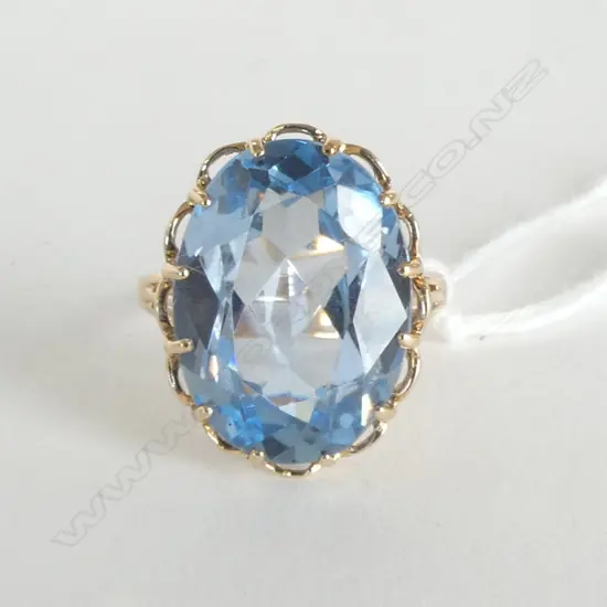 **RTV**  10ct BLUE GEM SET RING, 6gm SIZE O (possible synthetic blue aquamarine)