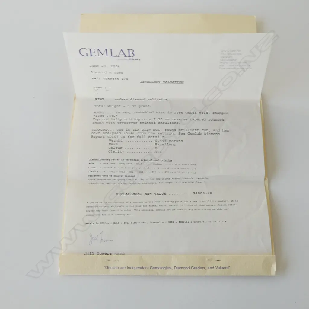 18ct WHITE GOLD DIAMOND 0.445ct round brilliant E SI1 SOLITAIRE RING 3.92grms WITH VALUATION SIZE M Image 1++