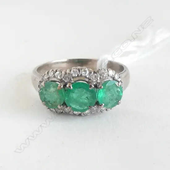 18ct WHITE GOLD 3 EMERALD & DIAMOND HALO RING 3.14gms SIZE M