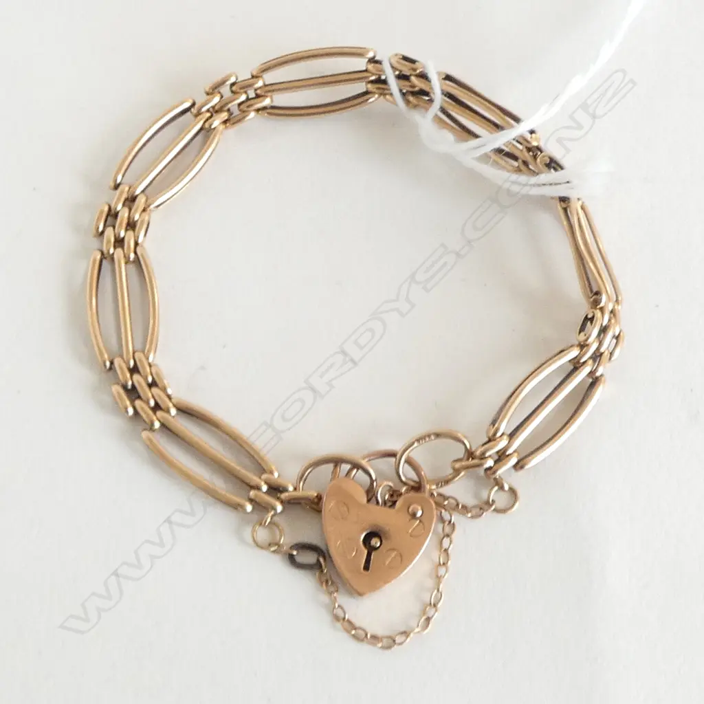 9ct ROSE GOLD GATE LINK BRACELET heart padlock clasp 11.59gms (safety chain Faulted) Image 1++