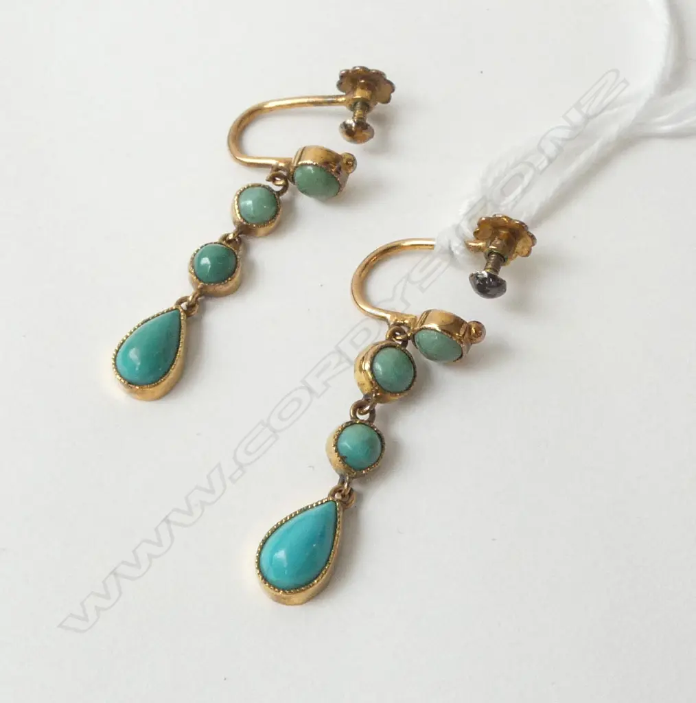 PR ANTIQUE 9ct TURQUOISE DROP EARRINGS (CD11612) Image 1++