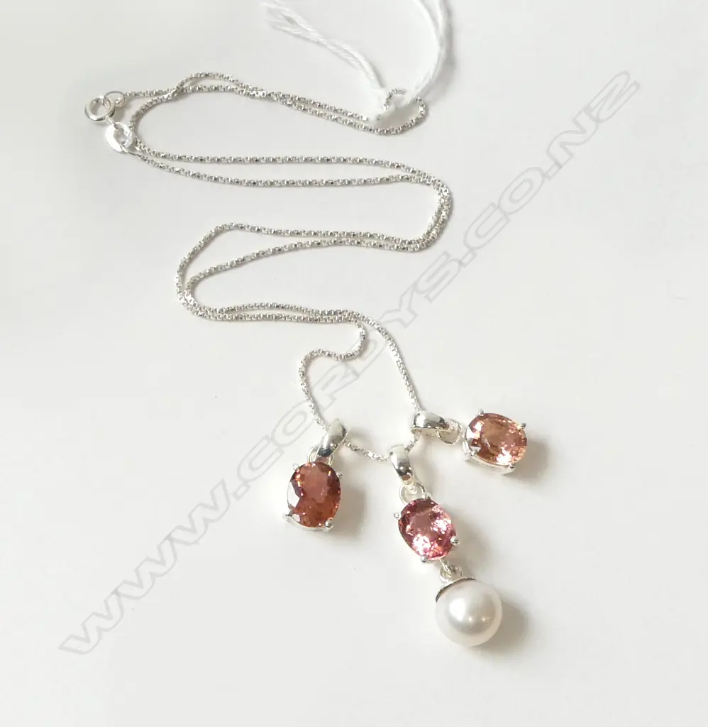 **RTV** 3 SILVER, TOURMALINE & PEARL PENDANTS w SILVER CHAIN L.430mm, NEW Image 1++