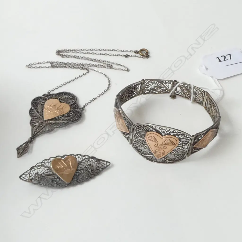 3 PC; ANTIQUE EGYPTIAN FILLIGREE SILVER & GOLD PLAQUE BRACELET, BOOCH & NECKLACE (CD8274) Image 1++