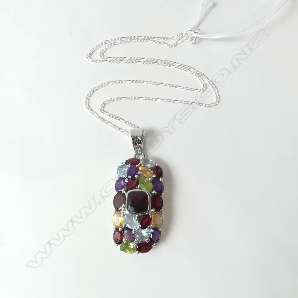 SILVER PENDANT SET w ASST. SEMI PRECIOUS STONES & SILVER CHAIN. PENDANT=L.40 x 20mm, CHAIN=L.440mm, NEW Image 1++