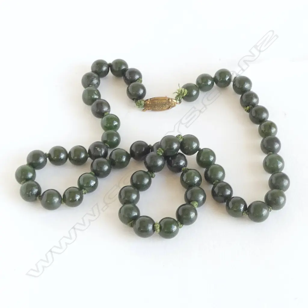 VINTAGE POUNAMU GREENSTONE BEAD NECKLACE L.420mm Image 1++