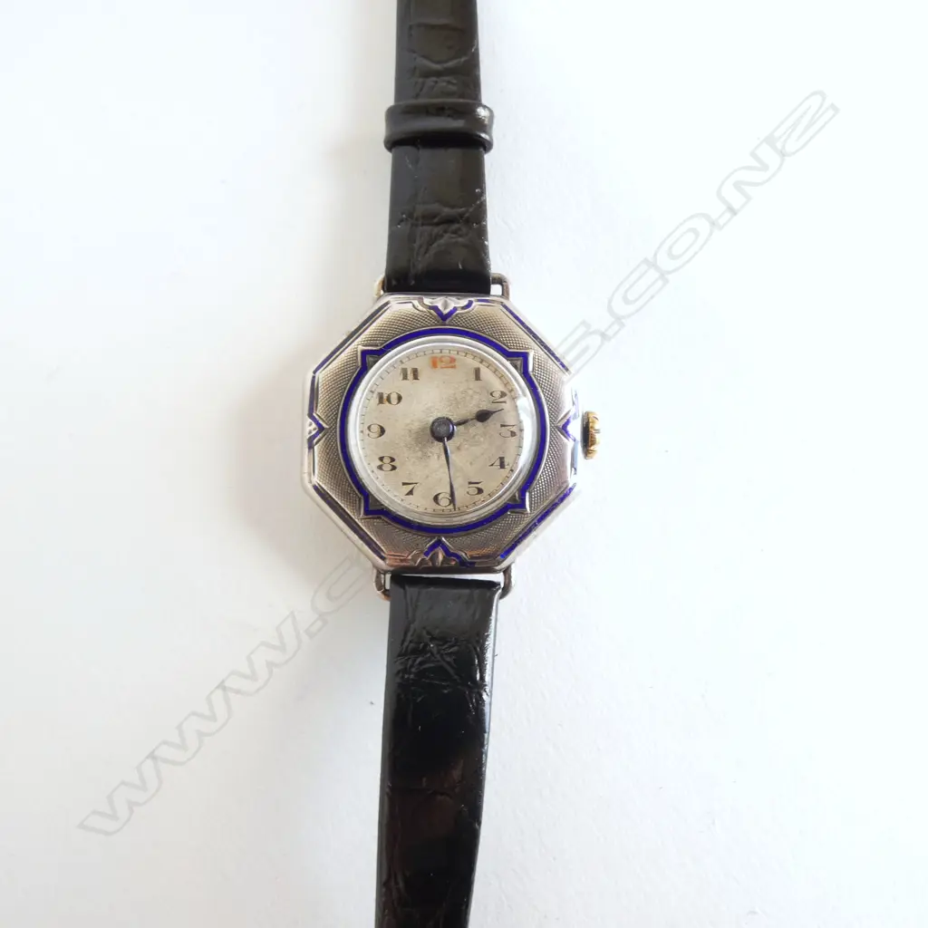1920'S IWC LADIES SILVER & BLUE ENAMEL WRISTWATCH modern leather strap running Image 1++