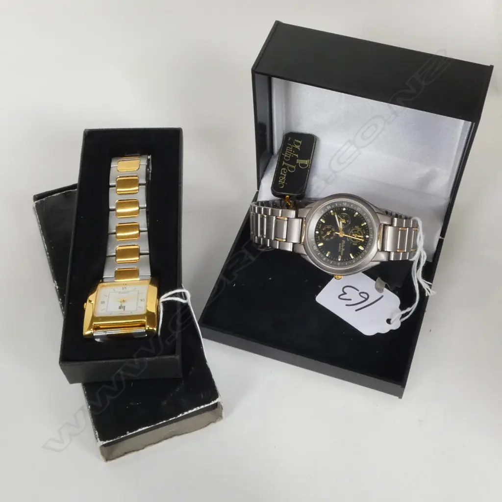 BOXED HP FOND ACIER & CASED PHILIP PERSIO WRISTWATCH Image 1++
