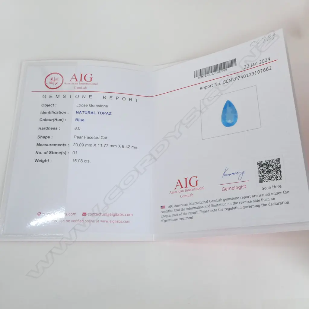 PEAR CUT BLUE TOPAZ, 15.08ct, w AIG REPORT Image 1++