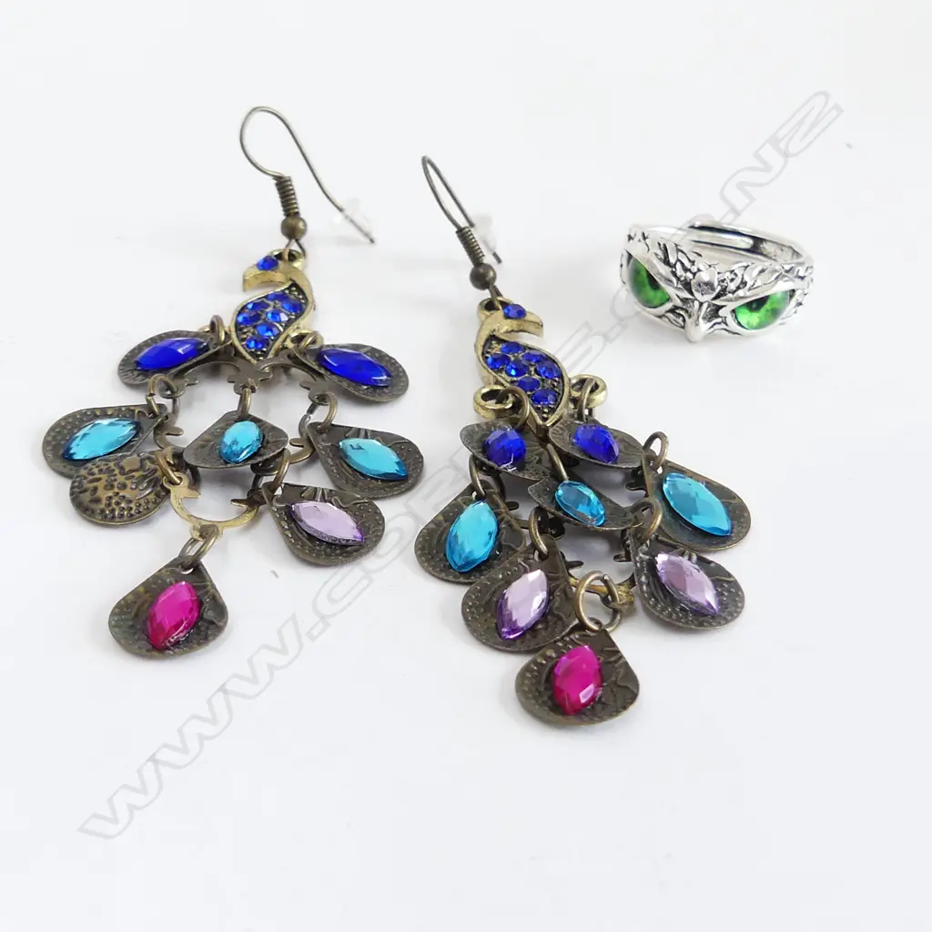 PR COSTUME EARRINGS & ADJUSTABLE OWL RING, NEW Image 1++