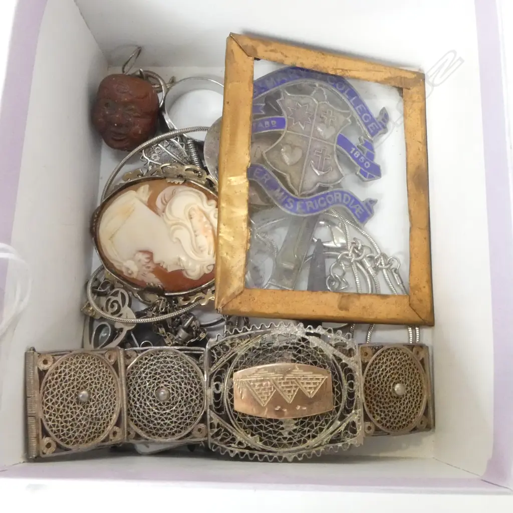 ASST MAINLY SILVER JEWELLERY: Egyptian bracelet + cameo + rings + pendant + school badges + ojime bead  etc Image 1++