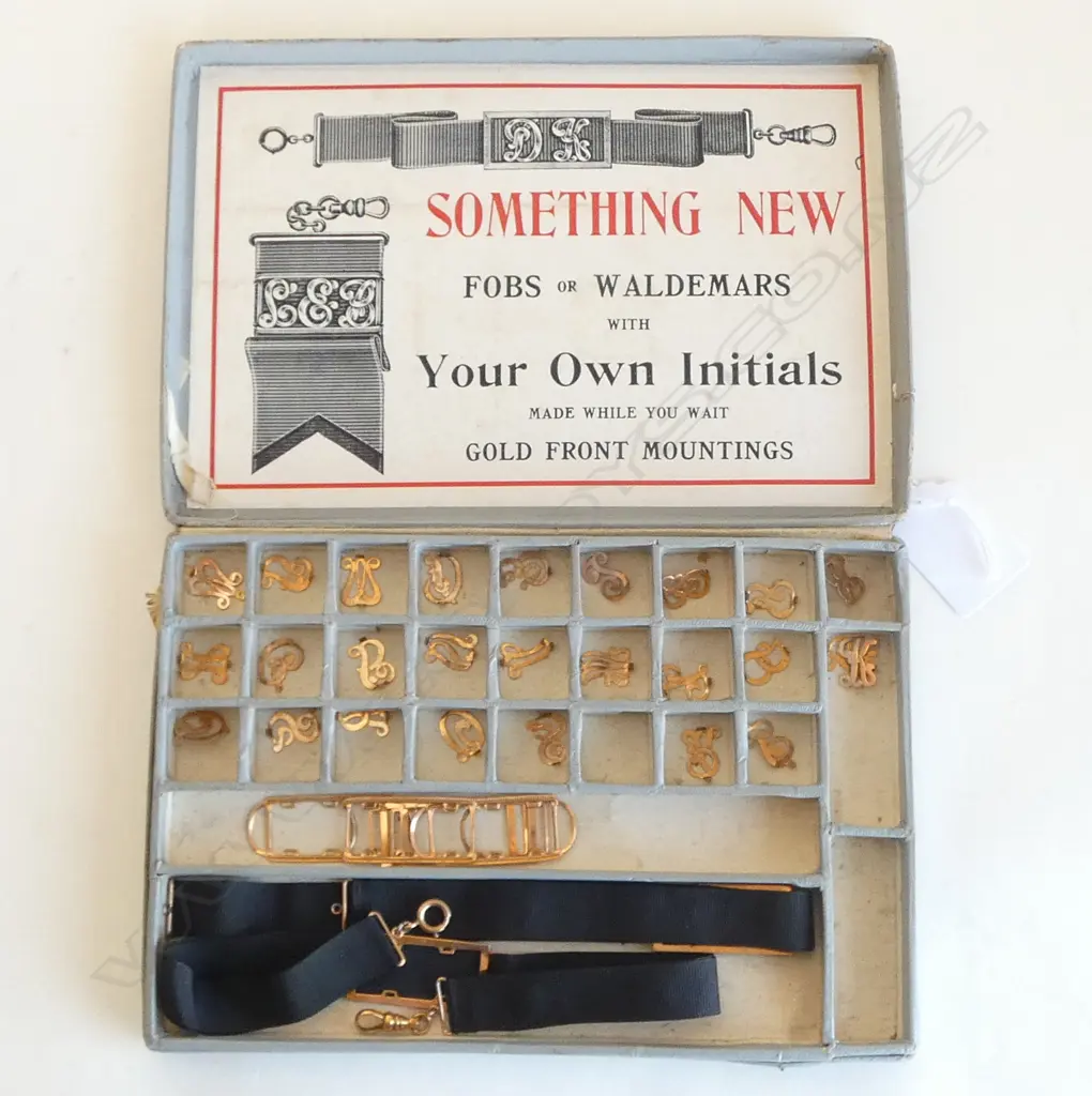 ORIGINAL 1910 1920'S GOLD FRONT (plated) FOB MOUNTS initials + framed etc. In original box Image 1++