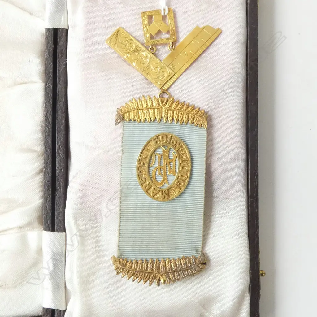 9ct YELLOW GOLD MASONIC LODGE MEDAL with blue silk ribbon 22.39gms Image 1++