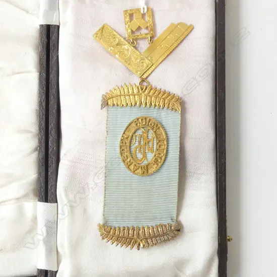 9ct YELLOW GOLD MASONIC LODGE MEDAL with blue silk ribbon 22.39gms