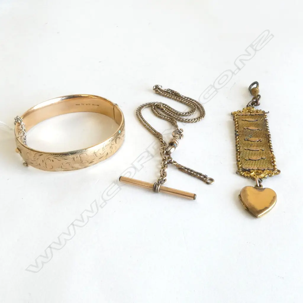 9CT GOLD LINED BANGLE + FOB CHAINS showing wear Image 1++