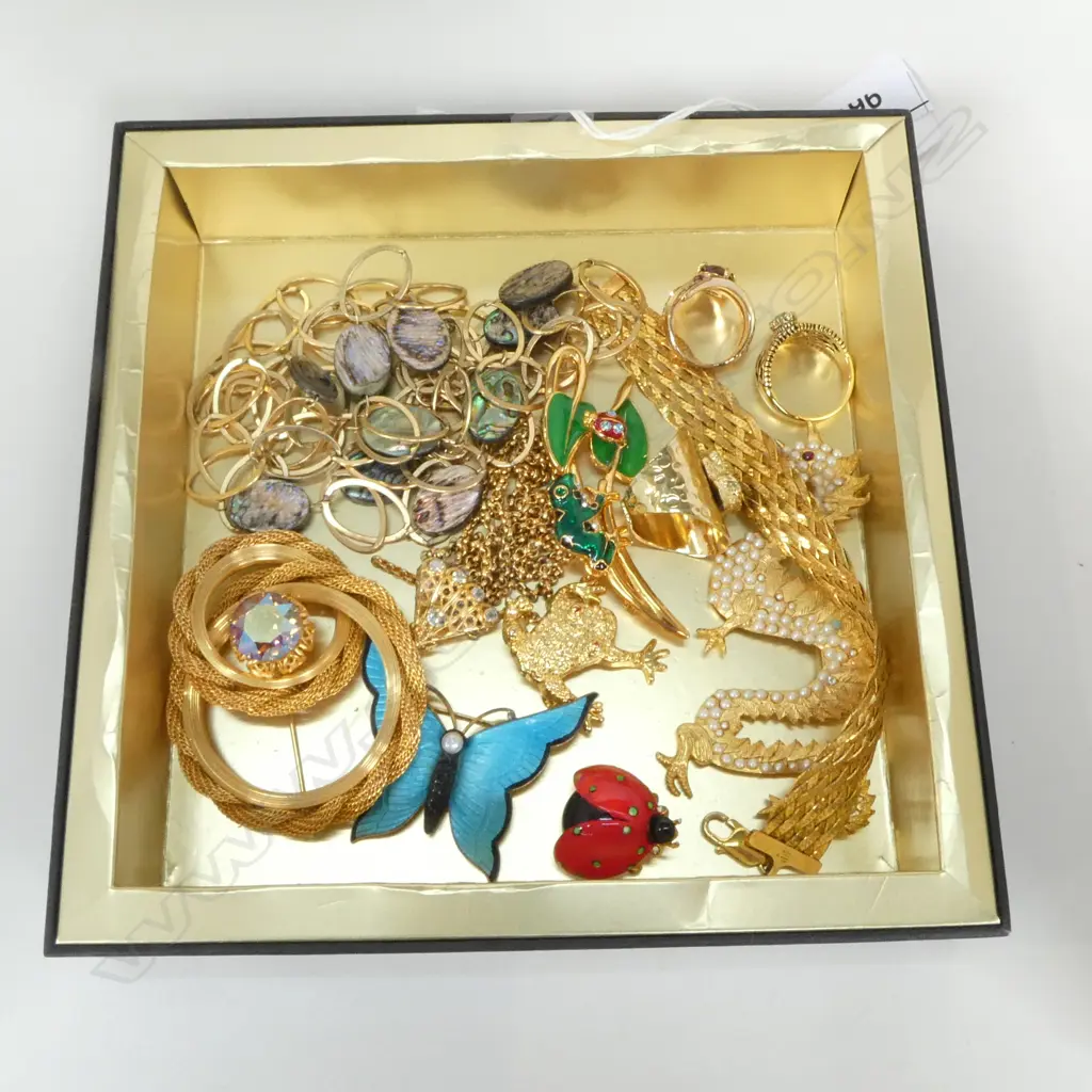 6 GOLD TONE BROOCHES + SILVER GILT BRACELET+ NECKLACE + 3 RINGS Image 1++