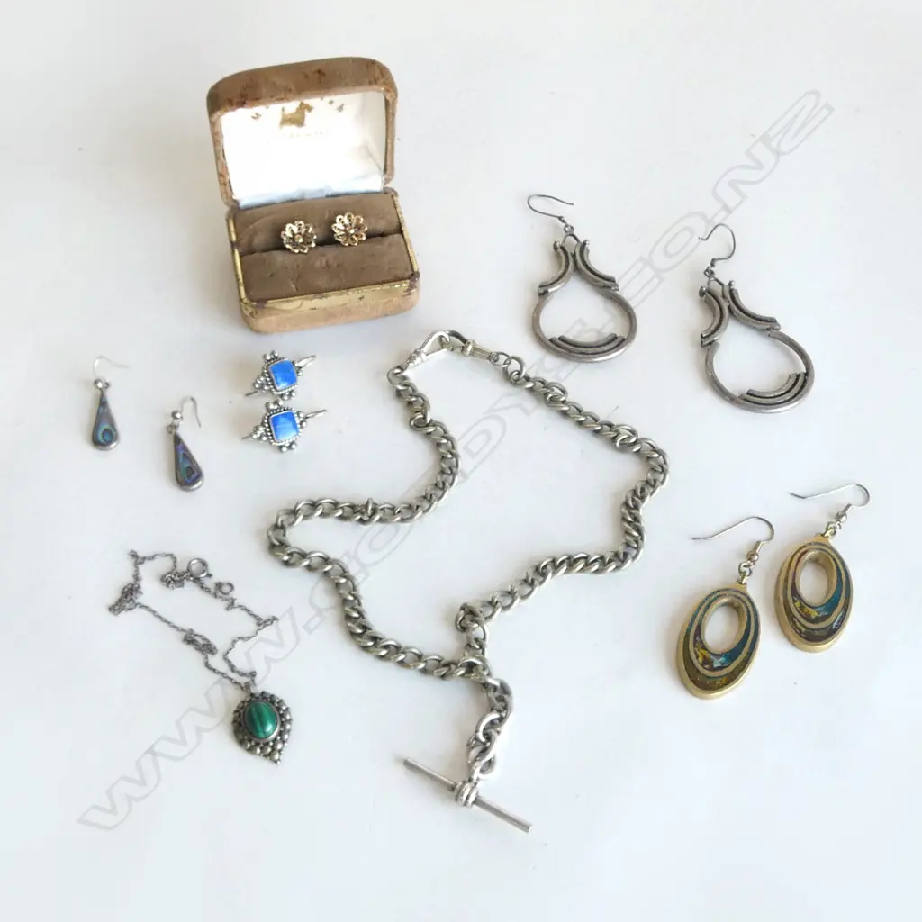 FOB CHAIN w. STG SILVER T BAR, 2 PR STG EARINGS 1 LAPIS 1 PAUA (TOTAL 12.22grms) & OTHER COSTUME  Image 1++
