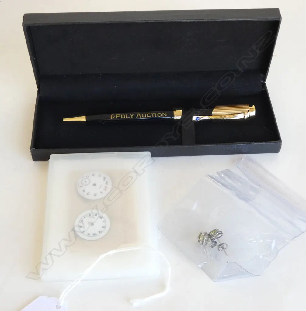 2 OLD WRISTWATCH FACES + PR SILVER & PERIDOT ? EARRINGS + GILT BOXED PEN 'POLY AUCTION' Image 1++
