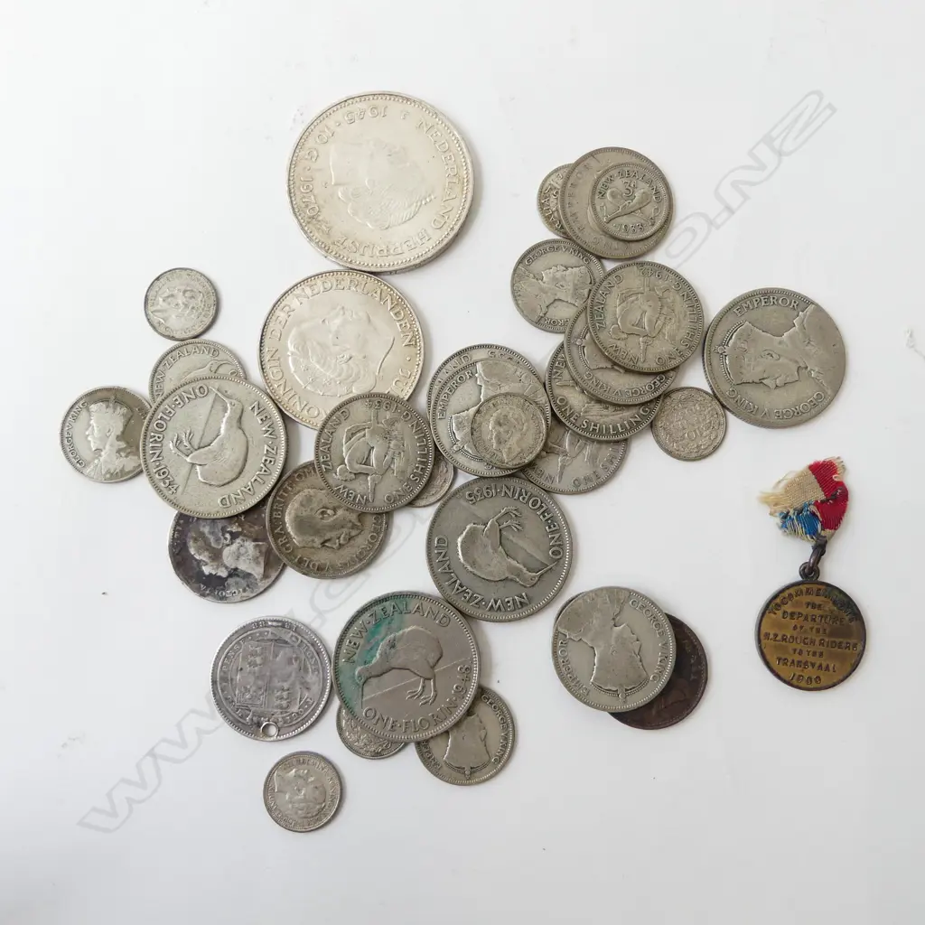 BAG NZ & OTHER OLD COINS + 1900 ROUGH RIDERS commemorative medallion  Image 1++
