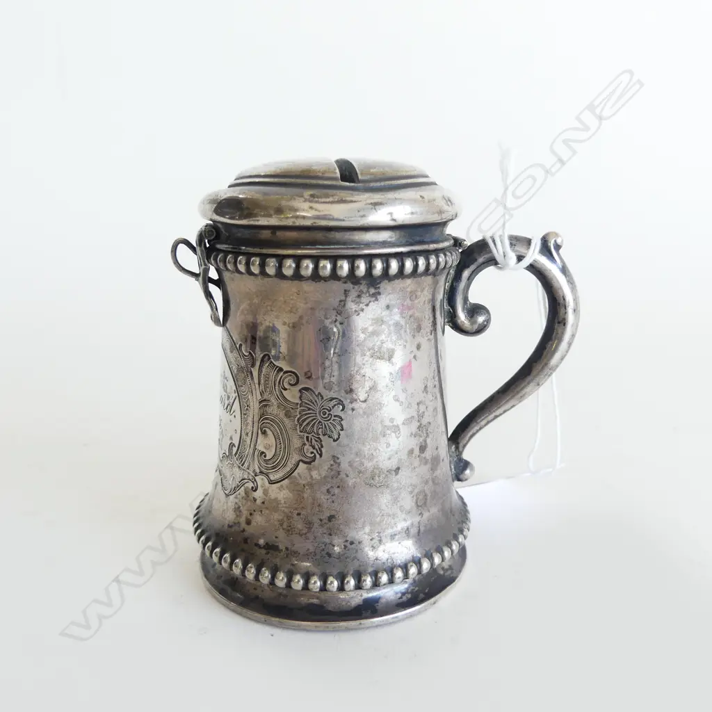 ANTIQUE JEWISH 800 SILVER TZEDAKAH CHARITY BOX DATED 1886, 57gm (CD8502) Image 1++
