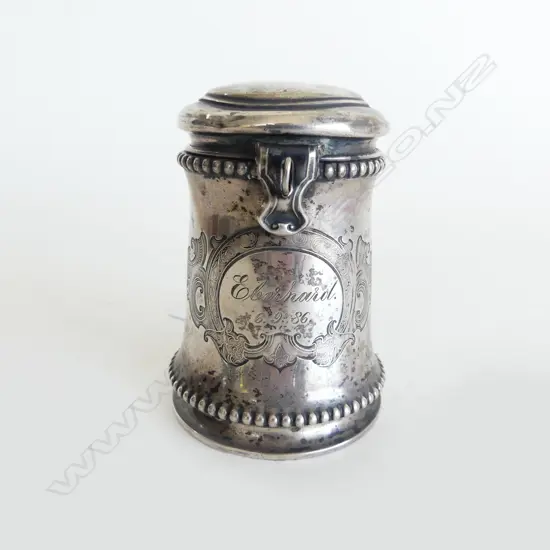 ANTIQUE JEWISH 800 SILVER TZEDAKAH CHARITY BOX DATED 1886, 57gm (CD8502)