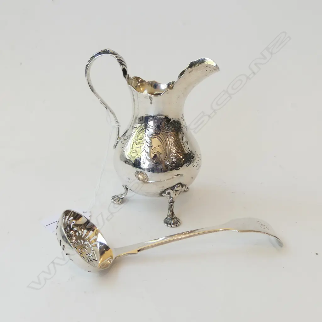 STG SILVER CREAM JUG, LONDON 1840 124gms + SIFTER SPOON, LONDON 1852, 44gms Image 1++