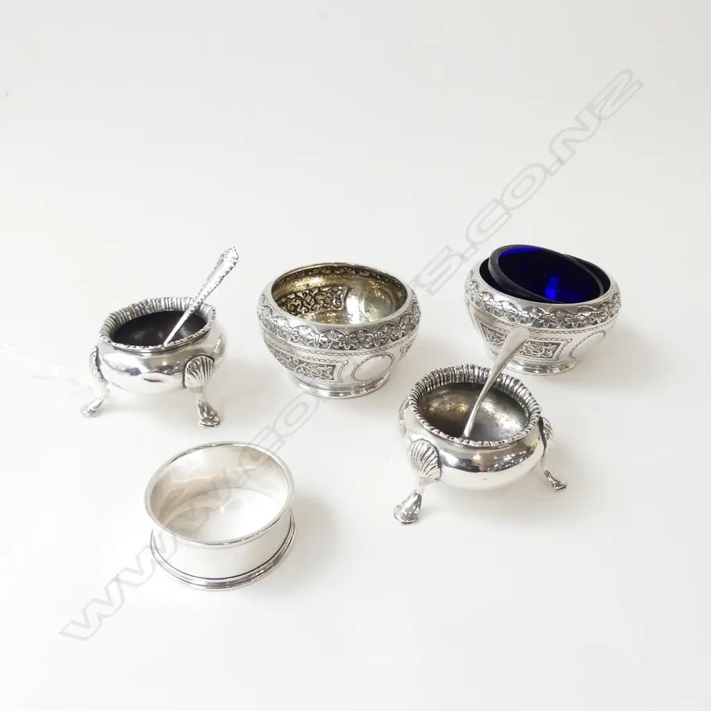 2 PRS STG SILVER SALTS + NAPKIN RING & 2 SPOONS, 200gms Image 1++
