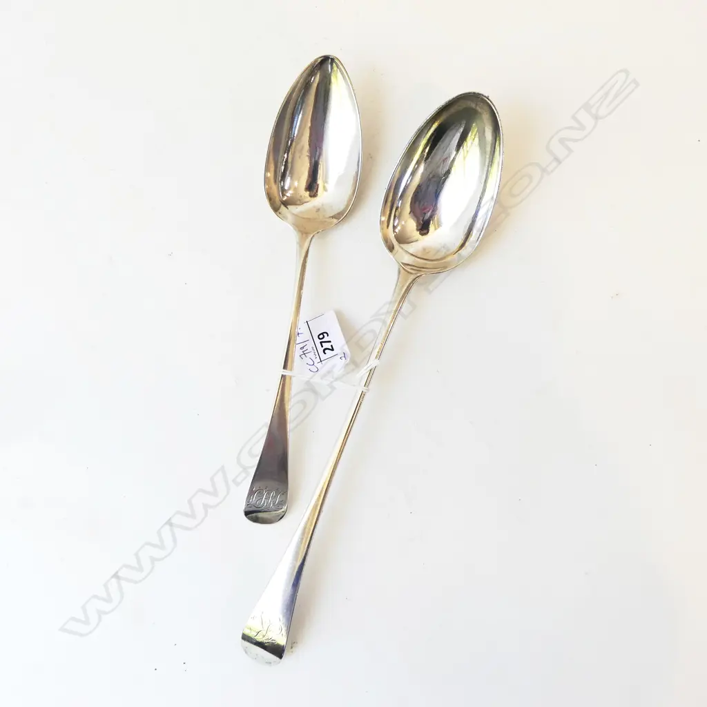 2 STG SILVER SPOONS; 1 x BASTING LONDON 1791 L.285mm & 1 x DESSERT SPOON LONDON 1801 163gms Image 1++