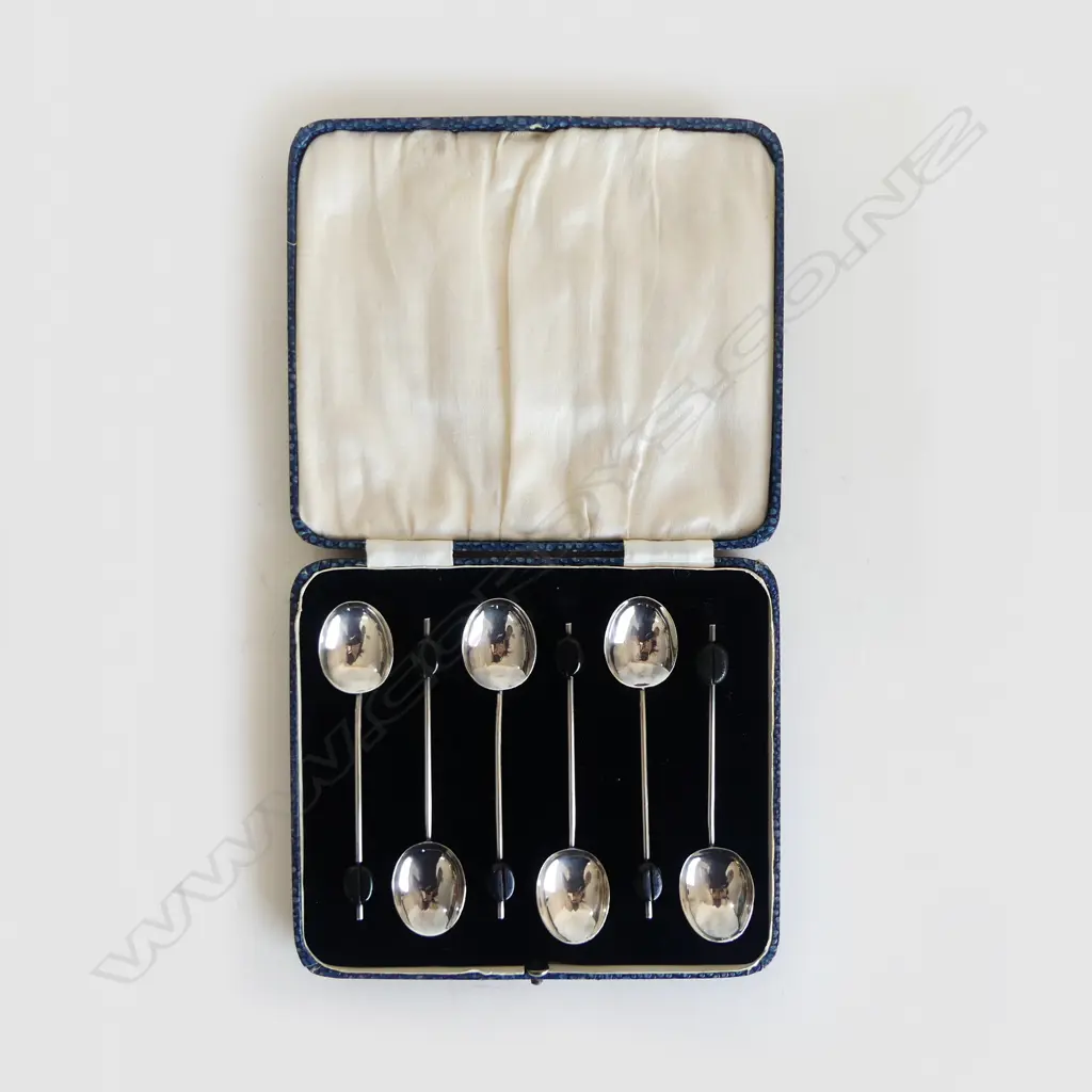 SET 6 SILVER COFFEE BEAN TEASPOONS IN CASE, BIRM. 1932, 33gm (CD7785) Image 1++