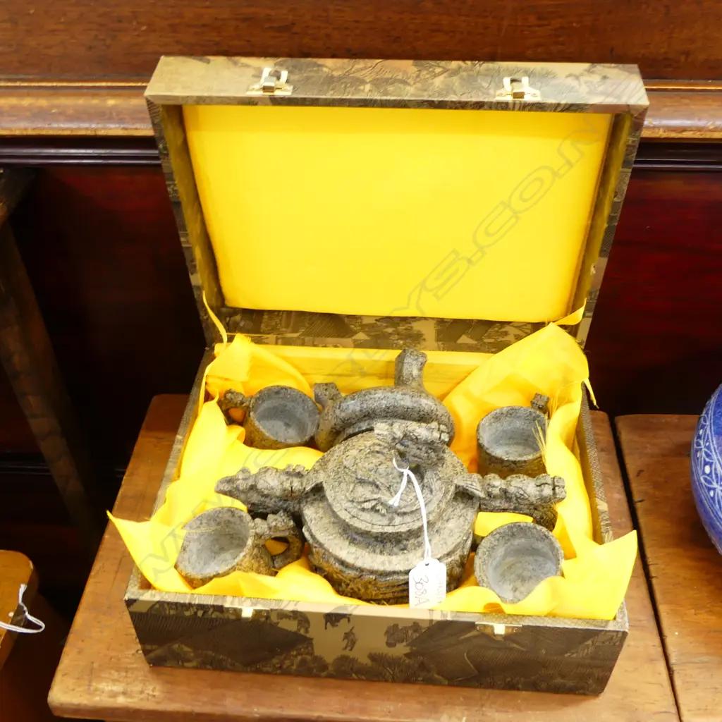 5 PCE CARVED STONE CHINESE TEA SET, BOXED Image 1++