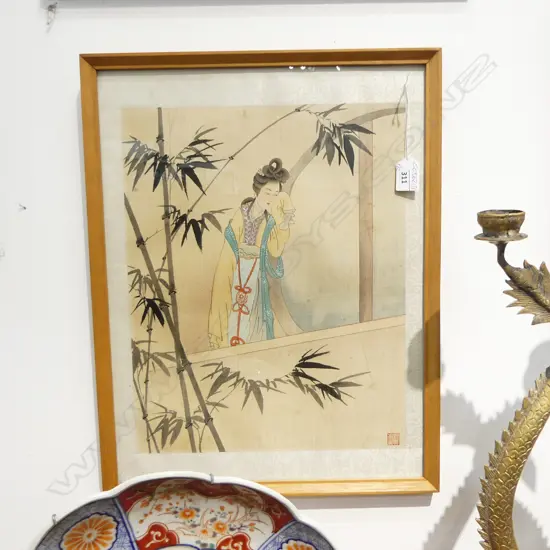 2 FRAMED FINE CHINESE WATERCOLOURS ON SILK the elegant women w botanical highlights 375 x 300mm