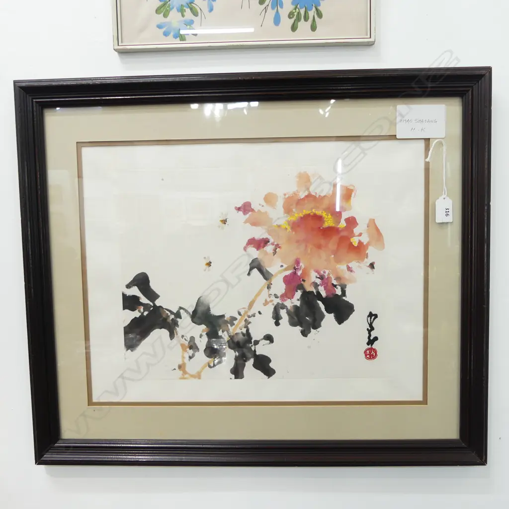 ZHAO SHAO'ANG attributed (Hong Kong) watercolour PAINTING FLORAL & BEE STUDY 290 X 370mm Image 1++