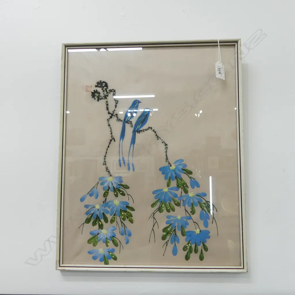 MID CENTURY JAPANESE PAINTING ON SILK, BLUE BIRDS & FLOWERS, 450 x 350mm  Image 1++