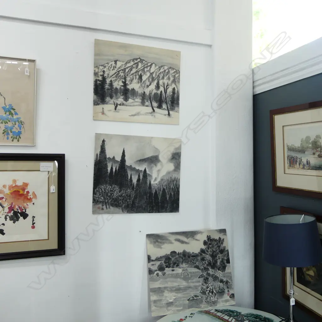3 x 1960's JAPANESE PAINTINGS, INK & BRUSH ON RICE PAPER OVER CARD, SIGNED, 460 x 520mm Image 1++