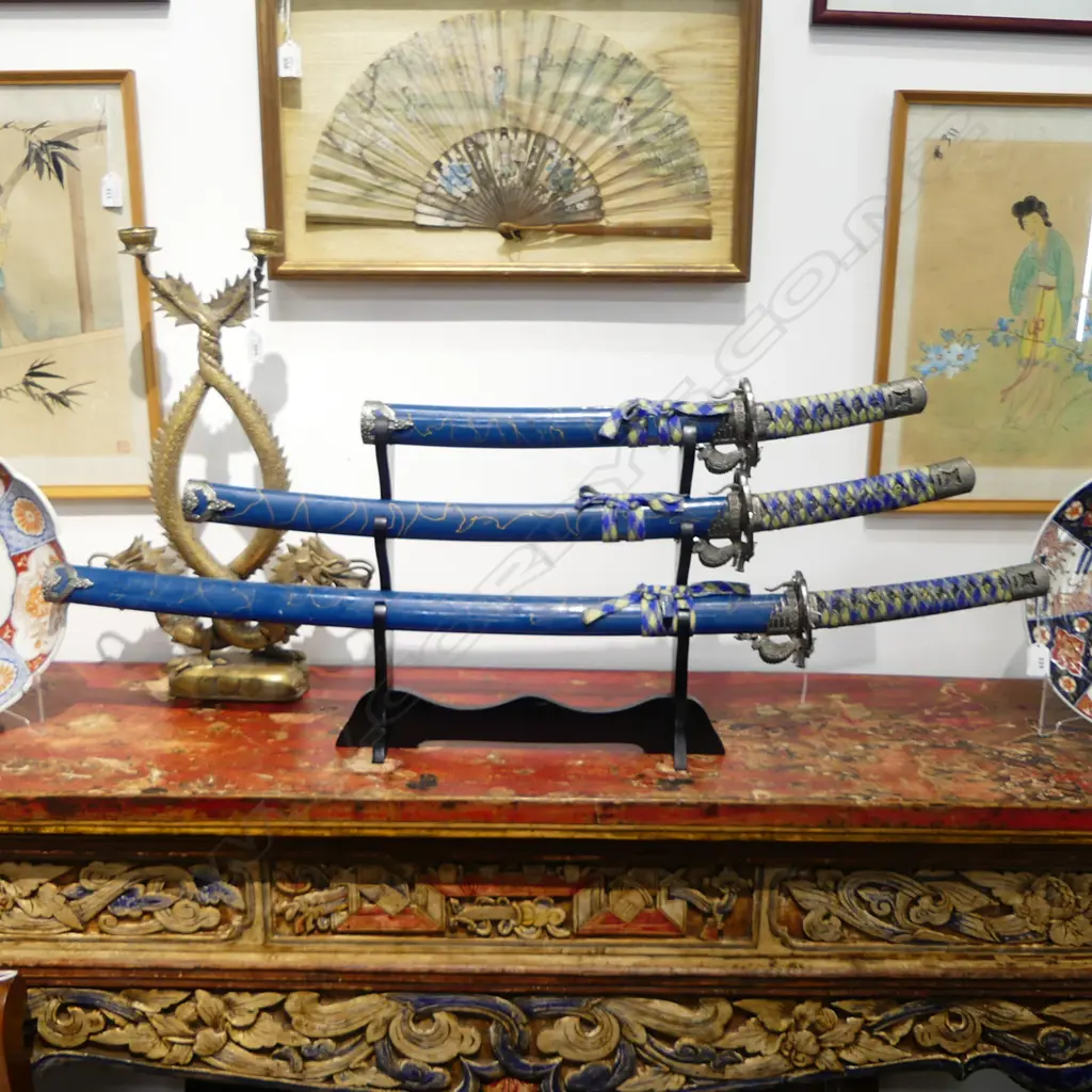 SET OF 3 JAPANESE REPRODUCTION SWORDS ON STAND; LARGEST L.1030mm Image 1++