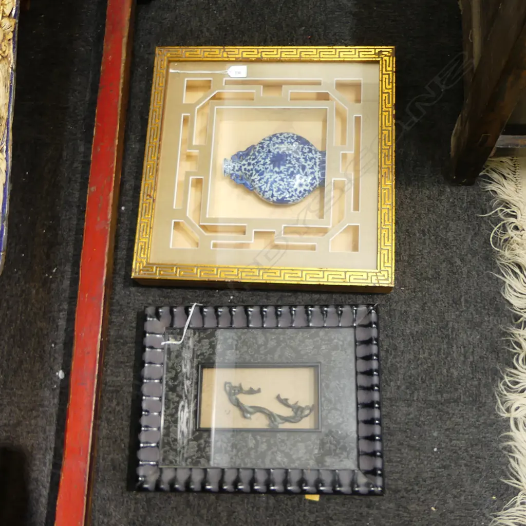 FRAMED HARDSTONE STYLISED DRAGON w. FRAMED B/W VASE 465x465mm Image 1++