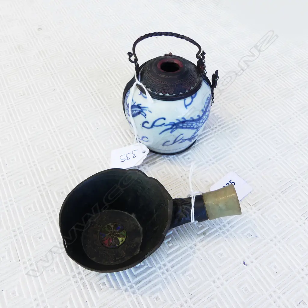 SMALL CHINESE B/WHITE DRAGON POT H80MM  &BRONZE LIBATION CUP JADE HANDLE L120MM Image 1++
