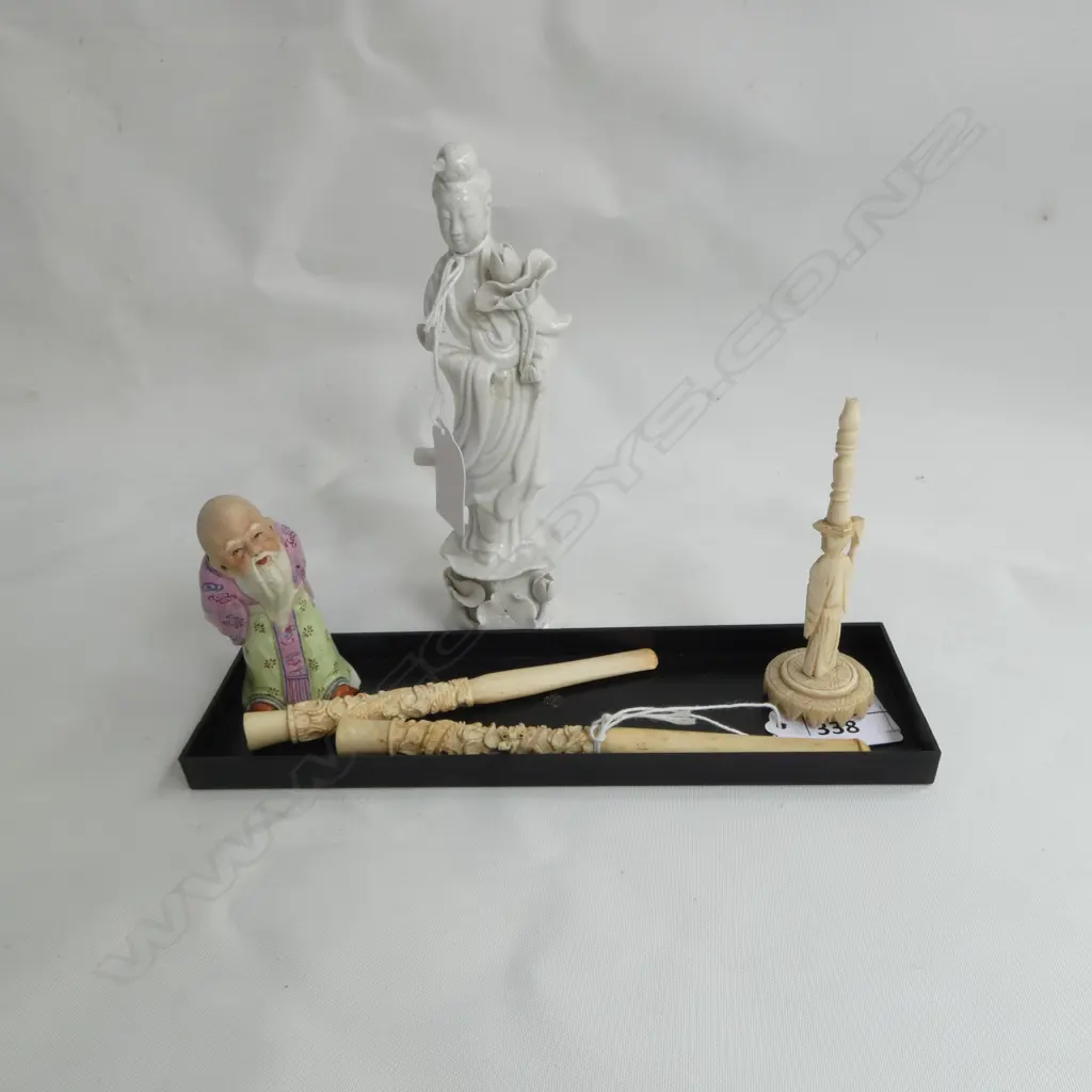 SML PORCELAIN GUANYIN, CHINESE SAGE, 2 OLD CHINESE CARVED IVORY CIGERETTE HOLDERS (L.150mm) & OTHER Image 1++