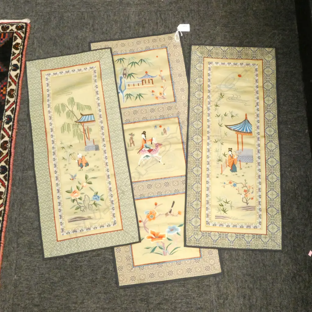 3 PANELLED CHINESE EMBROIDERIES FLORAL, & GARDEN SCENES, L.700,570,590mm Image 1++