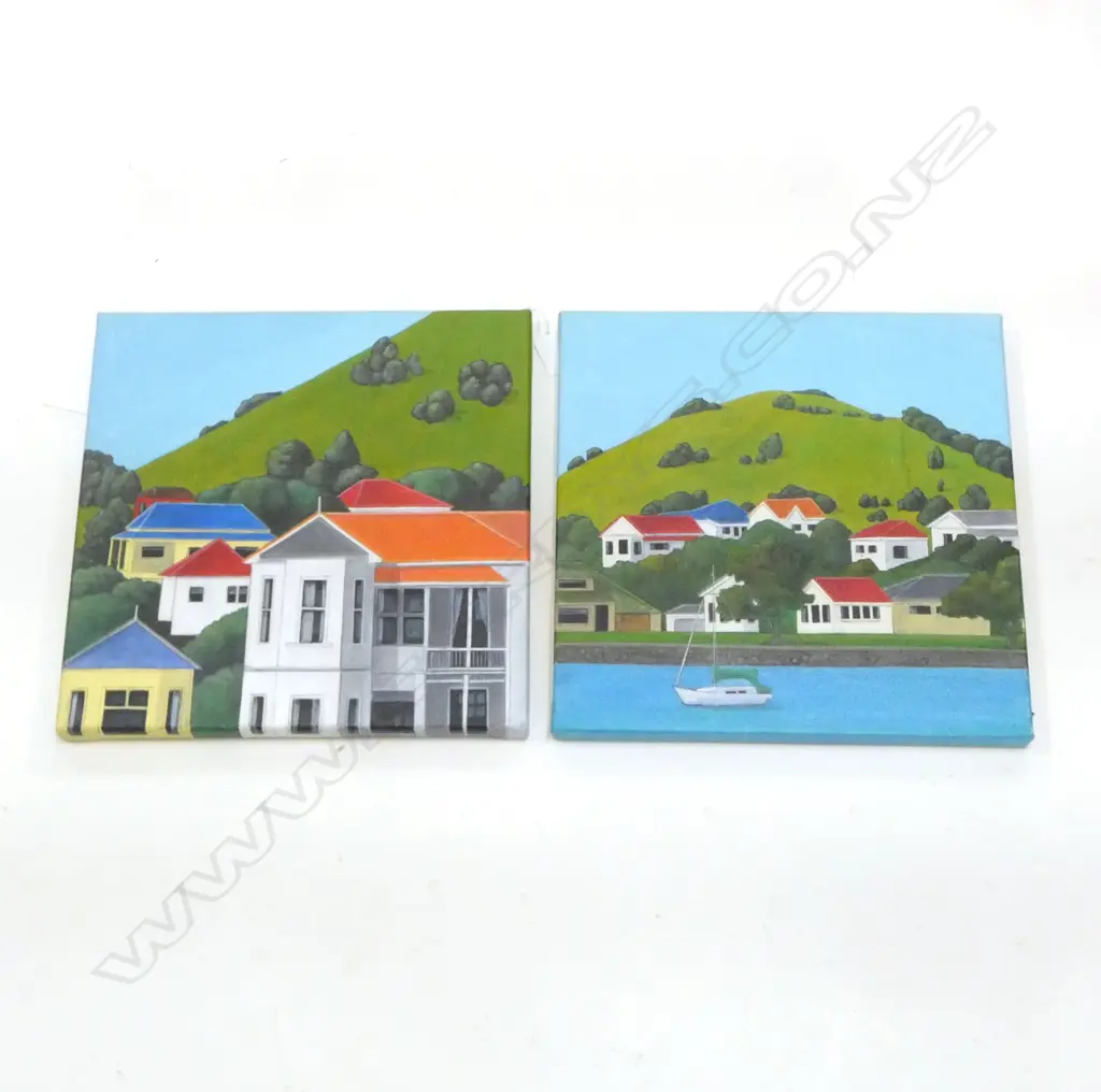 2 KATE MCLAREN ARTWORKS; 'HOUSES ON THE HILL' '09 ACRYLIC ON CANVAS 300x300mm Image 1++