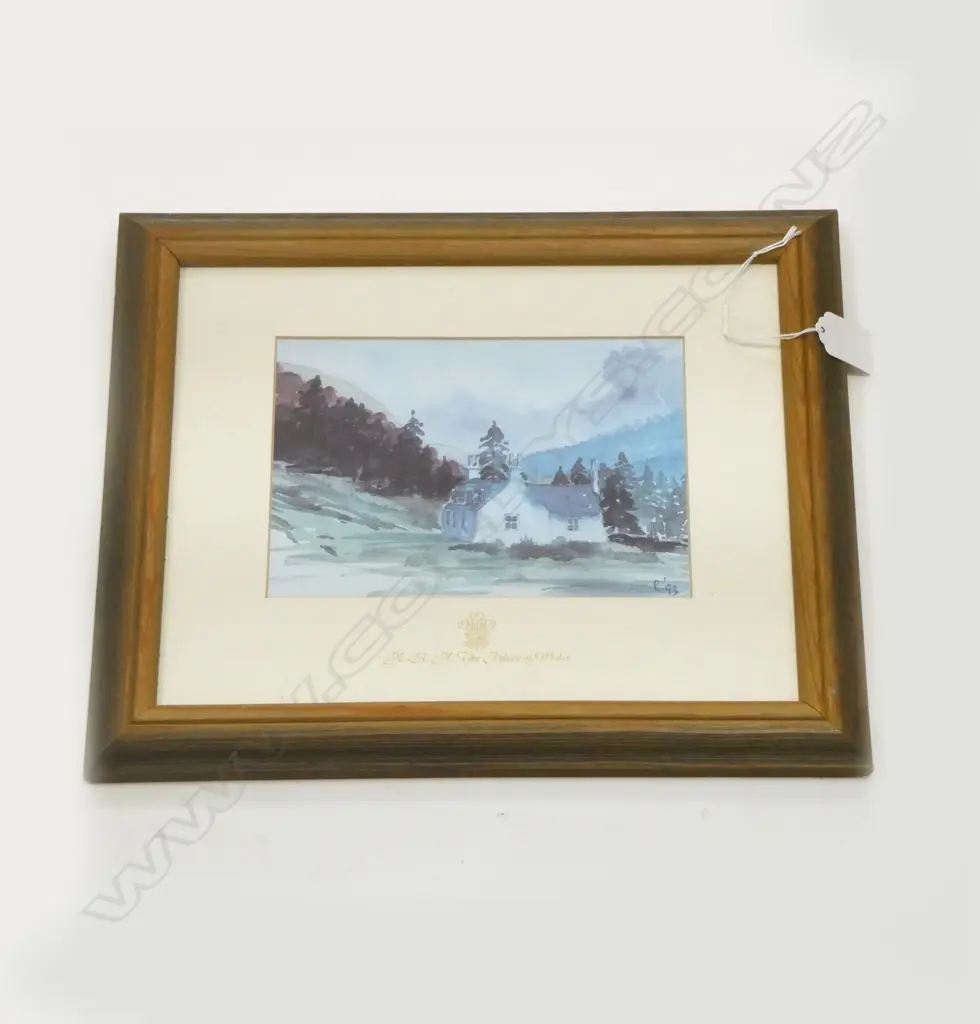 **RTV**  H.R.H. THE PRINCE of WALES PRINT 'COTTAGE AT BALMORAL SCOTLAND' 135 X 195mm FRAMED Image 1++