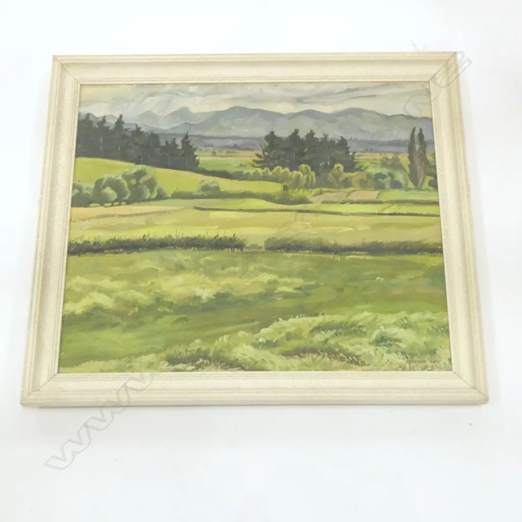 DESMOND WOOD 1952 OIL PAINTING RURAL LANDSCAPE distant mountain range 490 x 590mm Image 1++