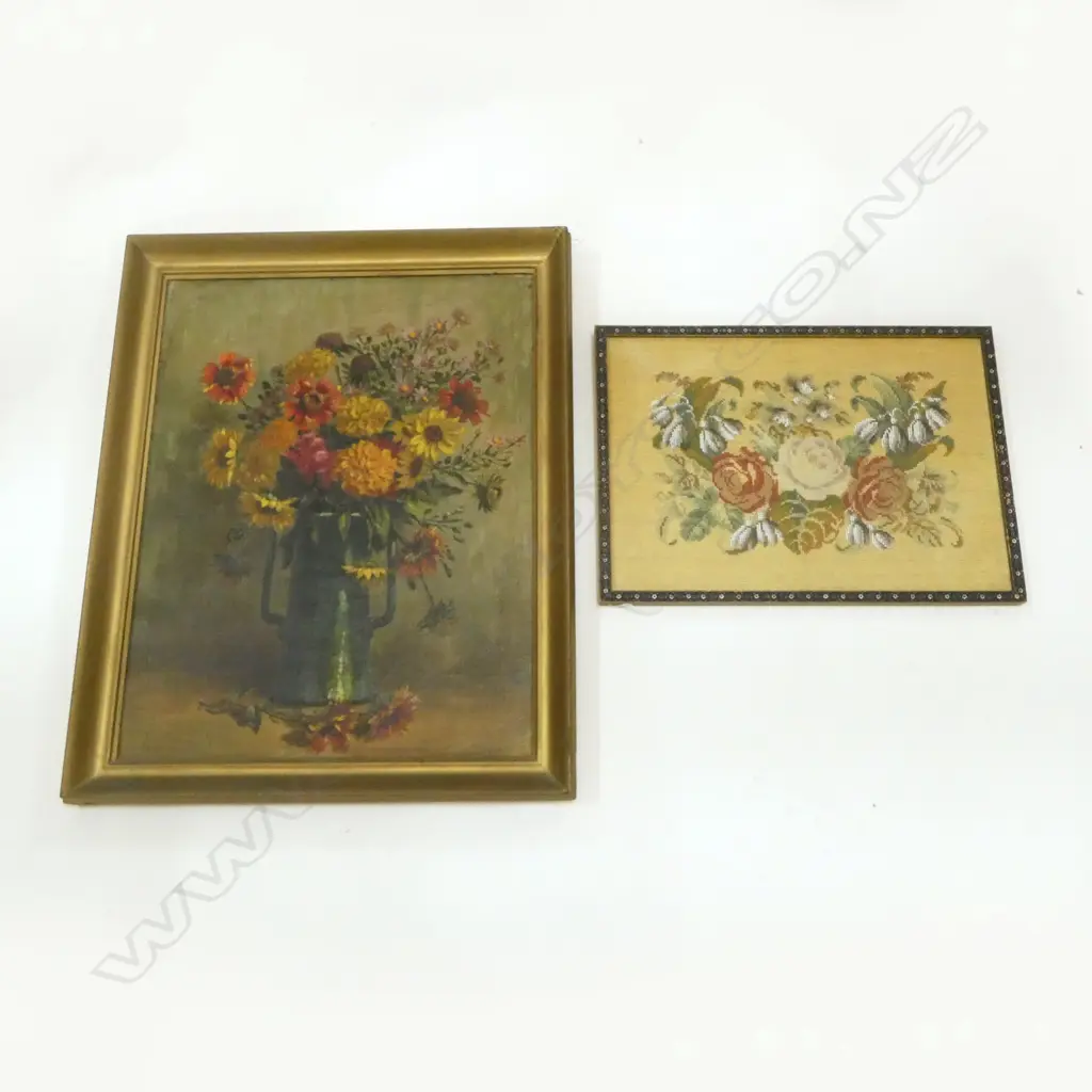 FRAMED FLORAL TAPESTRY  H320 L450MM & STILLIFE OIL ON BOARD  H630 W490MM Image 1++