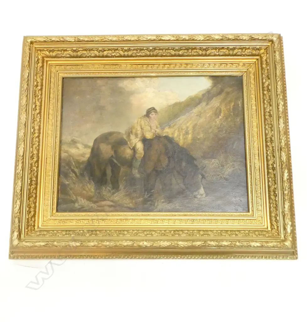 19C OIL ON BOARD  BOY ON HORSE BACK in moody landscape 580x650mm in gilt frame Image 1++