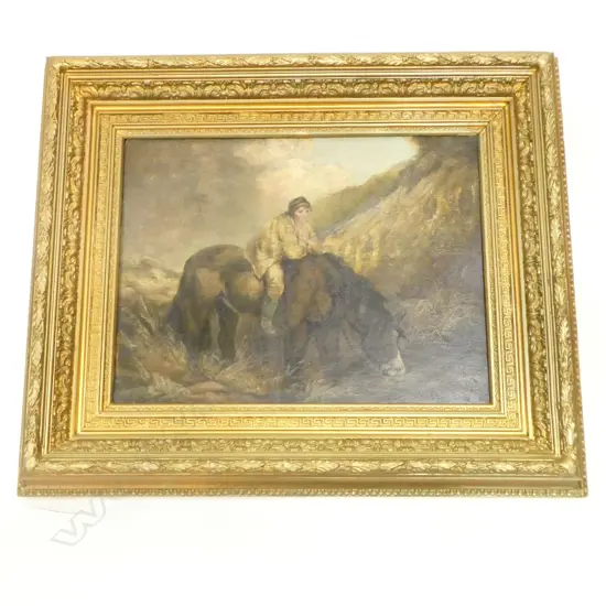 19C OIL ON BOARD  BOY ON HORSE BACK in moody landscape 580x650mm in gilt frame