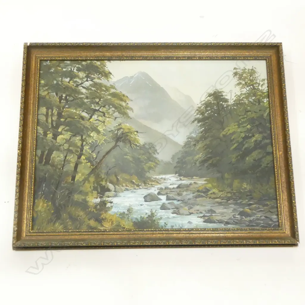 R. J. TOOMER 'UPPER HOLLYFORD VALLEY FIORDLAND' OIL ON BOARD '82 400x535mm Image 1++