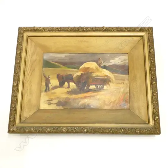 ARTIST UNKNOWN, HAY BALING SCENE, OIL ON CANVAS 330x490mm